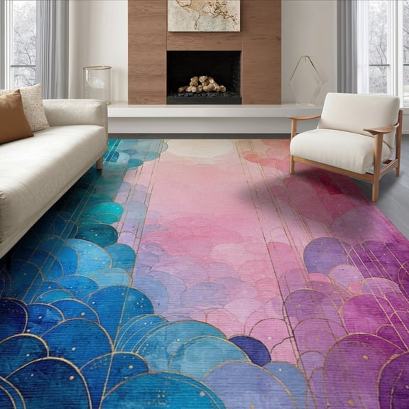 ODIKA 6'x9' Washable Area Rug Mermaid Gradient Fish Scallop Tiles With Pearl Wave Border for Dining Room, Under Table, Office Décor, Non-Slip Chair-Friendly