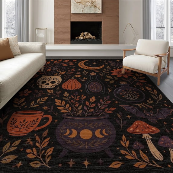 ODIKA 6'x9' Washable Area Rug Midnight Black Mystical Motifs Decorative Design Enchanting Floral and Celestial for Queen Size Bedroom, Under Bed, Master Suite, Easy Care, Non-Shedding