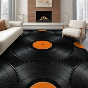 ODIKA 6'x9' Washable Area Rug Minimalist Music Retro Concentric Disc Motif Groove Vinyl Record Refined for Queen Size Bedroom, Under Bed, Master Suite, Easy Care, Non-Shedding