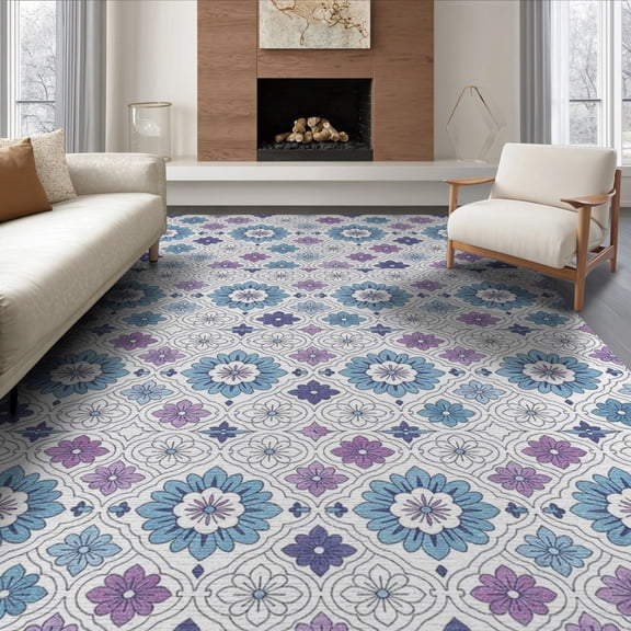 ODIKA 6'x9' Washable Area Rug Moth Boho Vintage Allover Mediterranean Mosaic Butterfly Vinyl Flowing Dynamic for Queen Size Bedroom, Under Bed, Master Suite, Easy Care, Non-Shedding