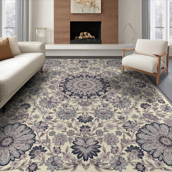 ODIKA 6'x9' Washable Area Rug Moth Boho Vintage Banded Butterfly Shaped Navy Ocean Purple Vinyl Flowing for Queen Size Bedroom, Under Bed, Master Suite, Easy Care, Non-Shedding