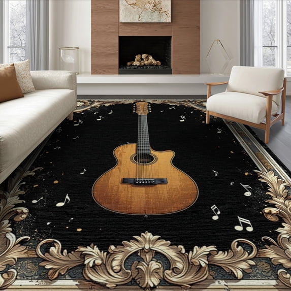ODIKA 6'x9' Washable Area Rug Music Guitar Vintage Acoustic Note Scroll Border Instrument Notes for Queen Size Bedroom, Under Bed, Master Suite, Easy Care, Non-Shedding