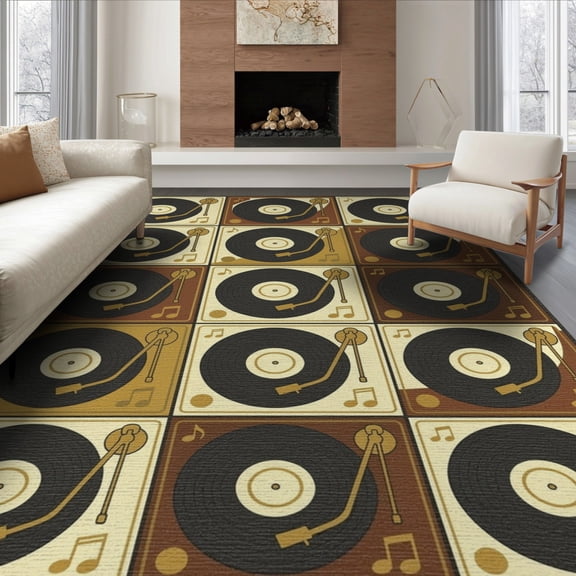 ODIKA 6'x9' Washable Area Rug Music Note Cd Retro Vinyl Turntable Grid Round Record Themed for Family Room, Living Mater Bedroom, Non-Slip, Easy Care