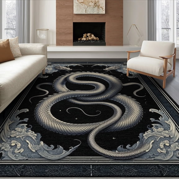 ODIKA 6'x9' Washable Area Rug Mystical Serpent Scroll Border Gothic Dragon Inspired Snake Artwork for Family Room, Living Room, Master Bedroom, Non-Slip, Easy Care