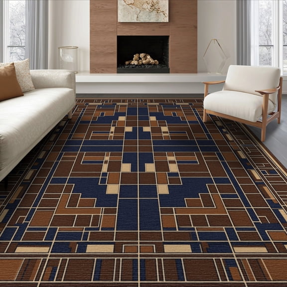 ODIKA 6'x9' Washable Area Rug Navy Balanced Absract Repeating Structured Composition Abstract for Family Room, Living Room, Master Bedroom, Non-Slip, Easy Care