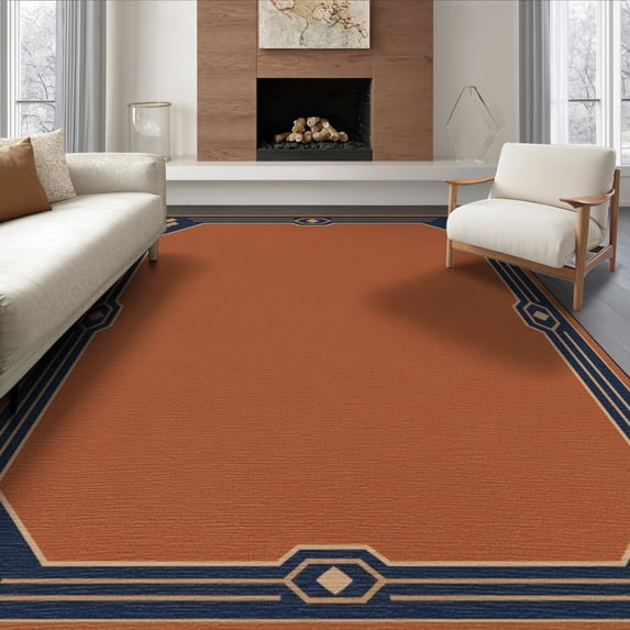 ODIKA 6'x9' Washable Area Rug Navy Rust and Geometric Border Elegant Art Style with Accents for Queen Size Bedroom, Under Bed, Master Suite, Easy Care, Non-Shedding