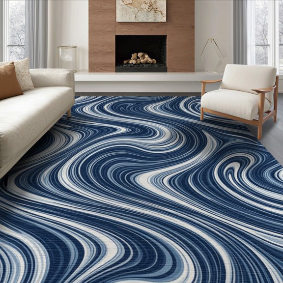 ODIKA 6'x9' Washable Area Rug Navy Tonal Long Blended Wave Motif Borderless Contemporary Accessories for Dining Room, Under Table, Office Décor, Non-Slip Chair-Friendly