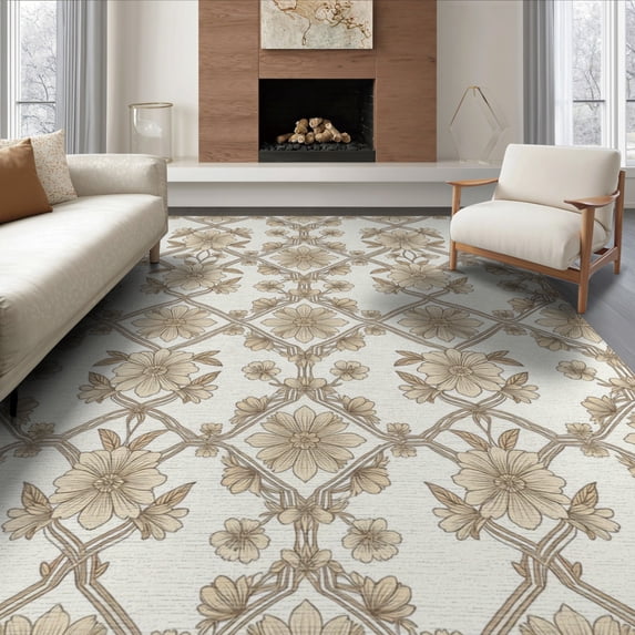 ODIKA 6'x9' Washable Area Rug Neutral Vintage Trellis Farmhouse Geometric Beige Boho Cream Refined Structured for Queen Size Bedroom, Under Bed, Master Suite, Easy Care, Non-Shedding
