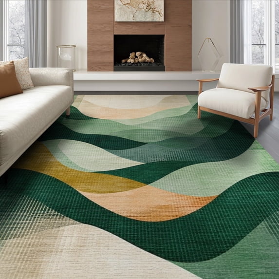 ODIKA 6'x9' Washable Area Rug Non-Slip, Chair-Friendly, Abstract Mid Wavy Striped Gradient Contemporary Tone Cream Wave for Dining Room, Under Table, Office Décor