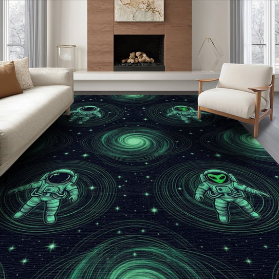 ODIKA 6'x9' Washable Area Rug Non-Slip, Chair-Friendly, Anime Symmetrical Cosmic Traveler Otherworldly Being Graphic for Dining Room, Under Table, Office Décor