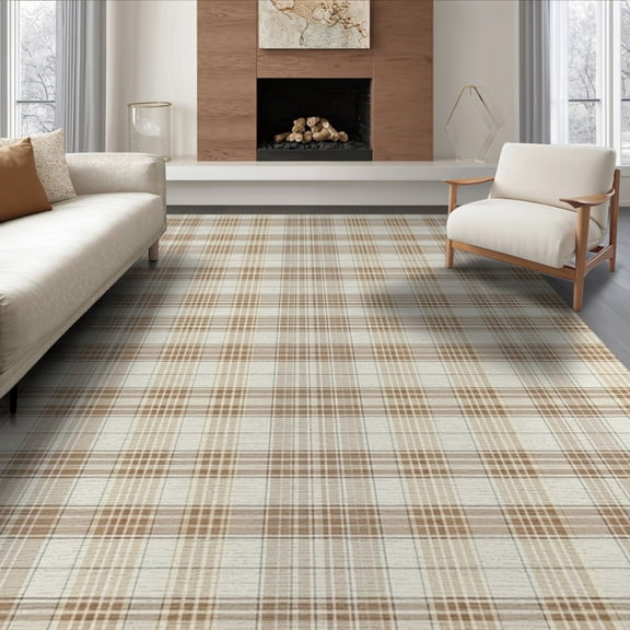 ODIKA 6'x9' Washable Area Rug Non-Slip, Chair-Friendly, Beige Checkered Plaid Tartan Grid Border Cream Neutral Checkers for Dining Room, Under Table, Office Décor