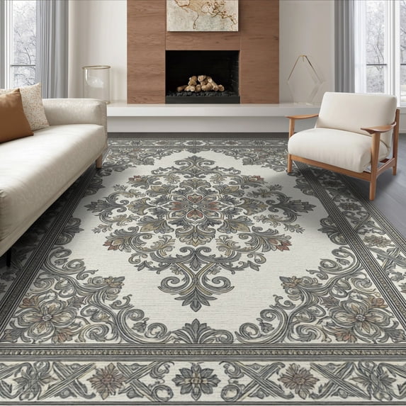 ODIKA 6'x9' Washable Area Rug Non-Slip, Chair-Friendly, Beige Symmetrical Cream Interlocking Dusty Details Entryway for Dining Room, Under Table, Office Décor