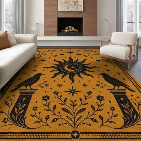 ODIKA 6'x9' Washable Area Rug Non-Slip, Chair-Friendly, Black Golden Starry Night and Nature Motifs Elegant Celestial with Birds Florals for Dining Room, Under Table, Office Décor