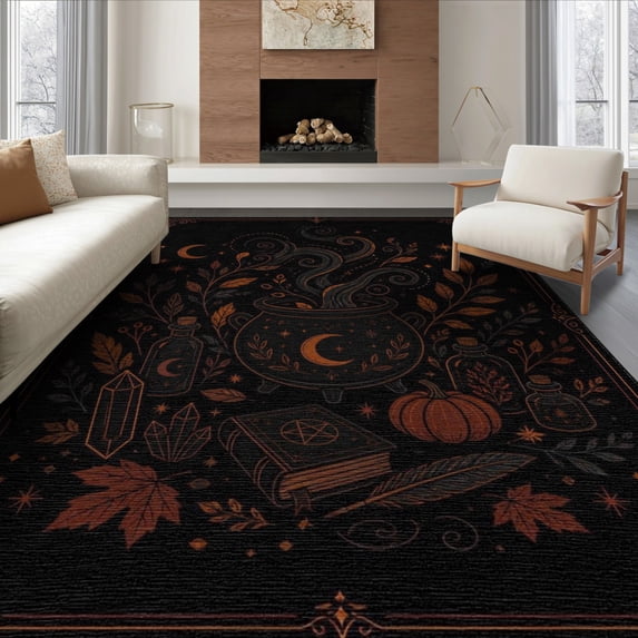 ODIKA 6'x9' Washable Area Rug Non-Slip, Chair-Friendly, Black Orange Enchanted Autumn Night Design Mystical with Celestial Accents for Dining Room, Under Table, Office Décor