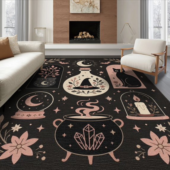 ODIKA 6'x9' Washable Area Rug Non-Slip, Chair-Friendly, Black Pink Enchanted Nighttime Whimsical Design Elegant Celestial Motifs with Floral for Dining Room, Under Table, Office Décor