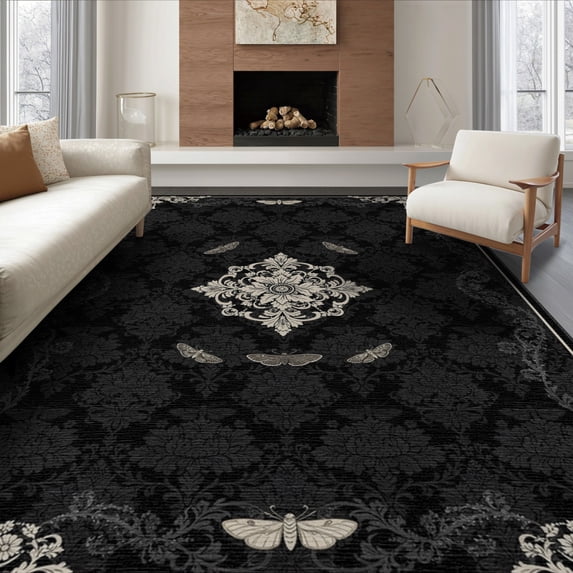 ODIKA 6'x9' Washable Area Rug Non-Slip, Chair-Friendly, Boho Academia Goth Centerpiece Symmetrical Motif Traction Gothic for Dining Room, Under Table, Office Décor