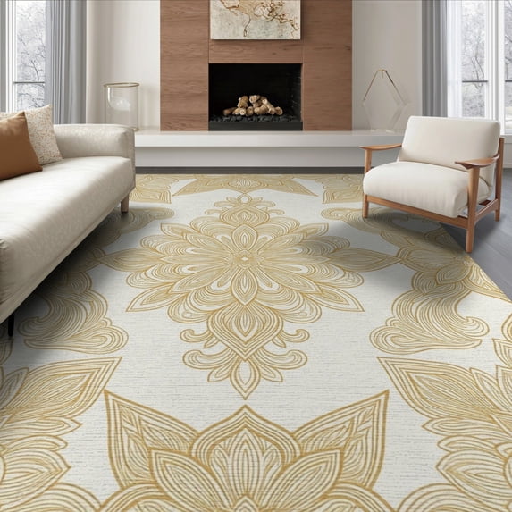 ODIKA 6'x9' Washable Area Rug Non-Slip, Chair-Friendly, Boho Motifs Contemporary Beige Neutral Ivory Traditional Damask Refined for Dining Room, Under Table, Office Décor