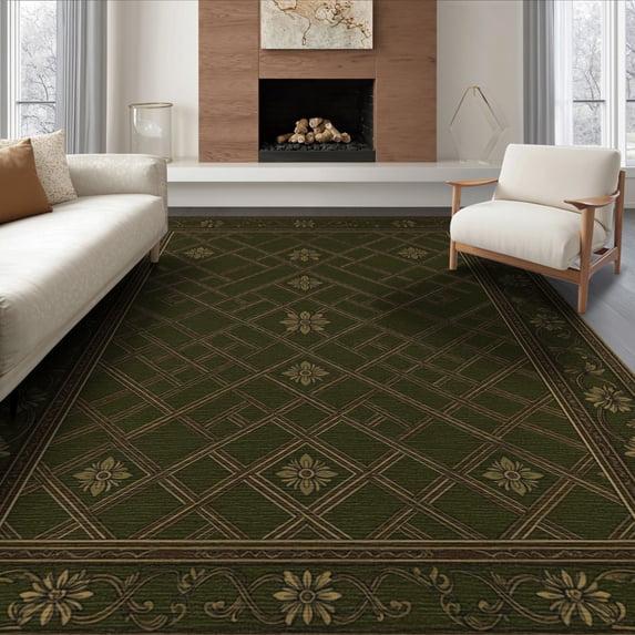 ODIKA 6'x9' Washable Area Rug Non-Slip, Chair-Friendly, Boho Vintage Scrolled Border Diamonds Repeating Symmetrical Tone for Dining Room, Under Table, Office Décor
