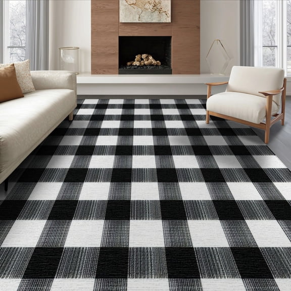 ODIKA 6'x9' Washable Area Rug Non-Slip, Chair-Friendly, Buffalo Plaid Striped Gingham Design With Bold Farmhouse Check Accents for Dining Room, Under Table, Office Décor