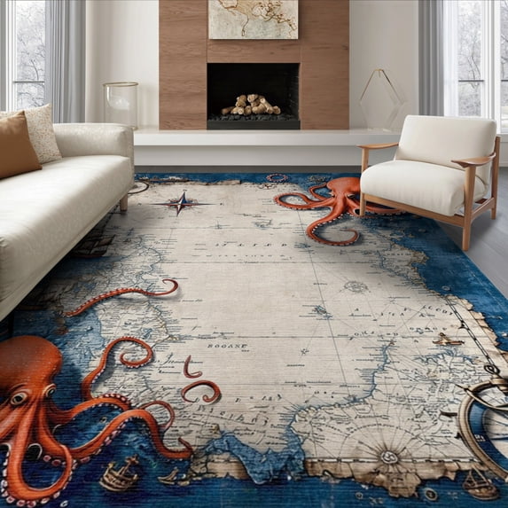 ODIKA 6'x9' Washable Area Rug Non-Slip, Chair-Friendly, Cartoon Pirate Octopus Nautical Map Compass Vintage Abstract for Dining Room, Under Table, Office Décor