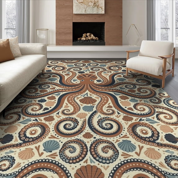 ODIKA 6'x9' Washable Area Rug Non-Slip, Chair-Friendly, Circle Creature Boho Decorative Round Dotted Motif Symmetrical for Dining Room, Under Table, Office Décor