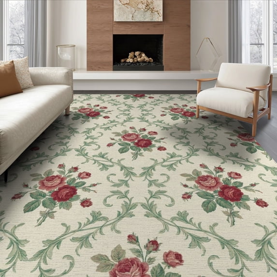 ODIKA 6'x9' Washable Area Rug Non-Slip, Chair-Friendly, Circle Semi Curved Romance Roses Foliage Ornamental Semicircle for Dining Room, Under Table, Office Décor