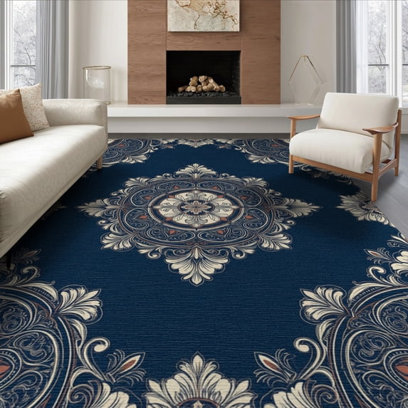 ODIKA 6'x9' Washable Area Rug Non-Slip, Chair-Friendly, Classic Entryway With Floral Scroll Borders And Symmetrical Layout for Dining Room, Under Table, Office Décor