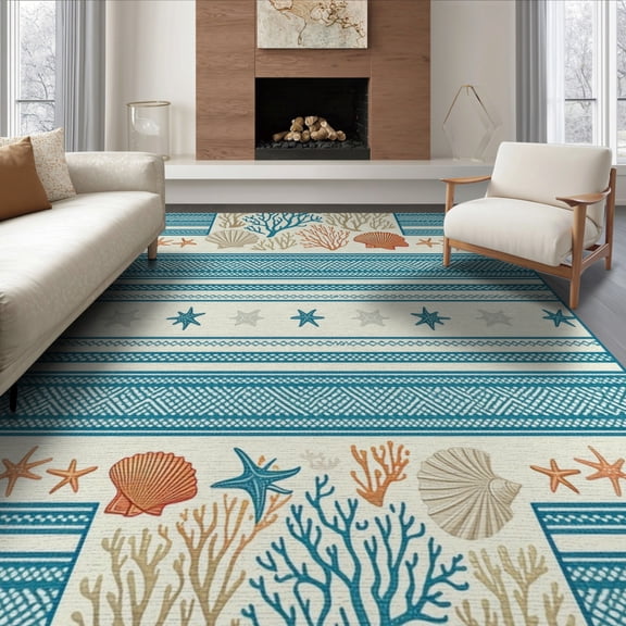 ODIKA 6'x9' Washable Area Rug Non-Slip, Chair-Friendly, Coral Nautical Striped Medallions Starfish Seashell Motifs for Dining Room, Under Table, Office Décor