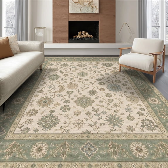 ODIKA 6'x9' Washable Area Rug Non-Slip, Chair-Friendly, Cream Sage and Floral Elegance Intricate Botanical Motif with Classic Border for Dining Room, Under Table, Office Décor
