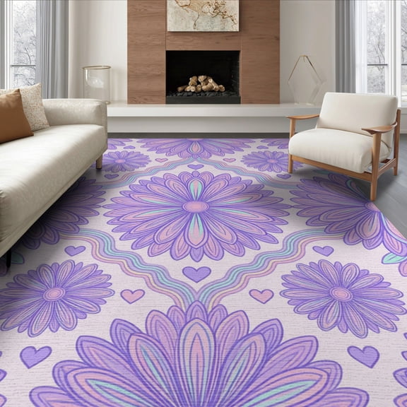 ODIKA 6'x9' Washable Area Rug Non-Slip, Chair-Friendly, Dusty Lilac Lavender Mint Accents Crisp Flat Surface Design for Dining Room, Under Table, Office Décor