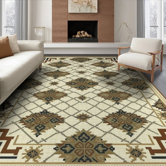 ODIKA 6'x9' Washable Area Rug Non-Slip, Chair-Friendly, Farmhouse Large Southwestern Trellis Vintage Cream Bohemian Boho Flowing for Dining Room, Under Table, Office Décor