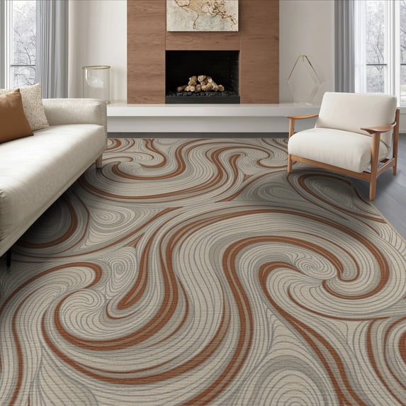 ODIKA 6'x9' Washable Area Rug Non-Slip, Chair-Friendly, Grain Ring Earthy Swirl Motif Concentric Annual Rings Farmhouse Stump Flowing for Dining Room, Under Table, Office Décor