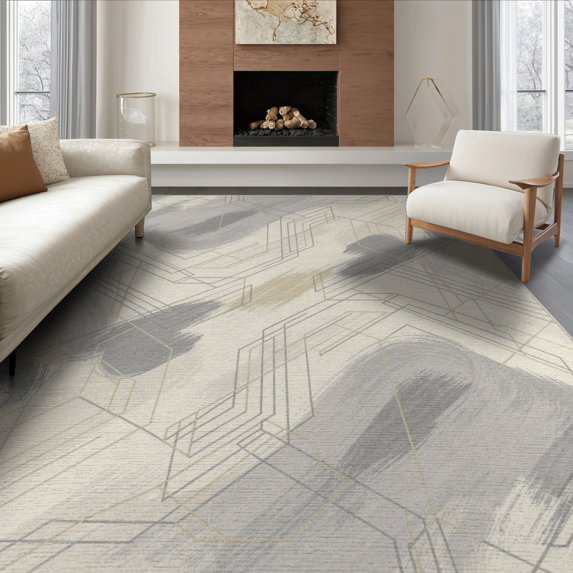 ODIKA 6'x9' Washable Area Rug Non-Slip, Chair-Friendly, Grey Interlocking Under Shapes Composition Contemporary Asymmetrical Balanced for Dining Room, Table, Office Décor