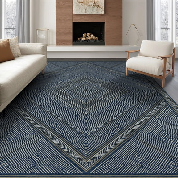 ODIKA 6'x9' Washable Area Rug Non-Slip, Chair-Friendly, Herringbone Geometric Lattice With Vintage Border And Diamond Motif for Dining Room, Under Table, Office Décor