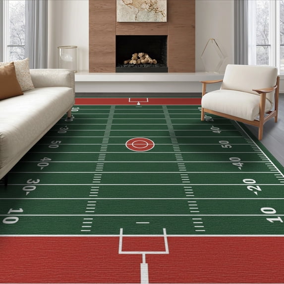 ODIKA 6'x9' Washable Area Rug Non-Slip, Chair-Friendly, Lines Goal Posts Rugby Training Soccer Football Touchdown Field Playful for Dining Room, Under Table, Office Décor