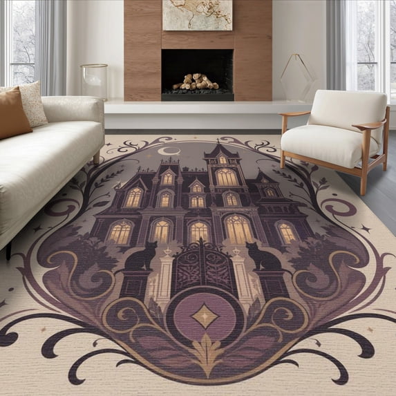 ODIKA 6'x9' Washable Area Rug Non-Slip, Chair-Friendly, Mauve Gothic Mansion with Starry Accents Victorian Inspired Design Elegant Swirls and Cats for Dining Room, Under Table, Office Décor