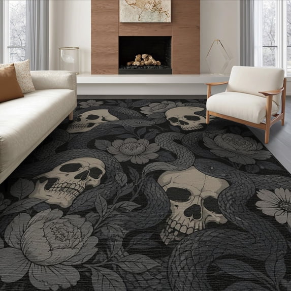 ODIKA 6'x9' Washable Area Rug Non-Slip, Chair-Friendly, Monochrome Serpent and Skull Floral Design Gothic Inspired with Intricate Botanicals for Dining Room, Under Table, Office Décor