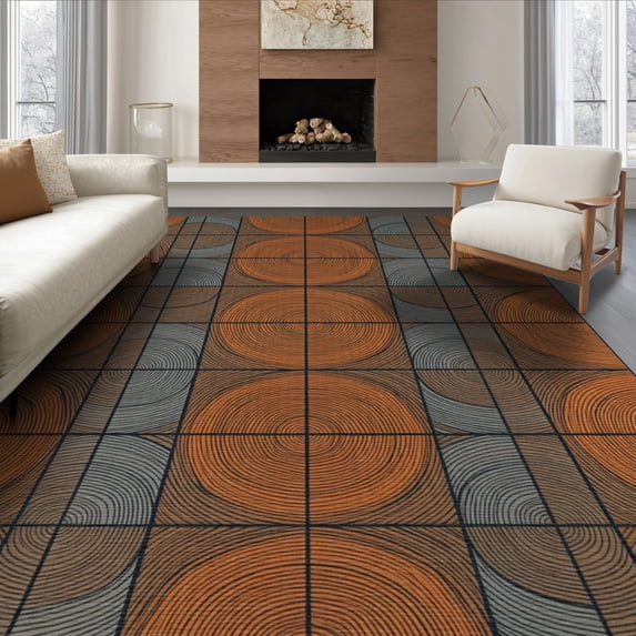 ODIKA 6'x9' Washable Area Rug Non-Slip, Chair-Friendly, Mosaic Annual Ring Concentric Rings Earthy Farmhouse Stump Grain Refined for Dining Room, Under Table, Office Décor
