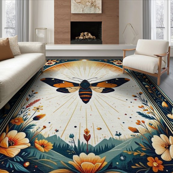 ODIKA 6'x9' Washable Area Rug Non-Slip, Chair-Friendly, Mystical Moth Medallion With Celestial Sun Rays And Witchy Florals for Dining Room, Under Table, Office Décor