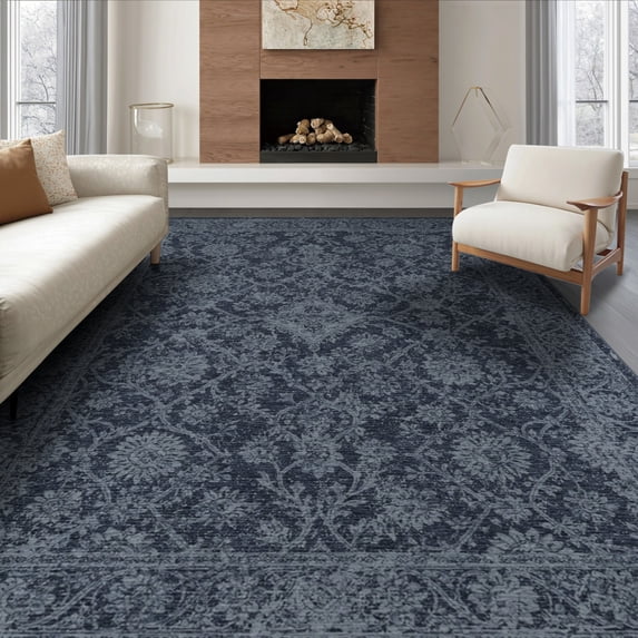 ODIKA 6'x9' Washable Area Rug Non-Slip, Chair-Friendly, Navy Throw Solid Vintage Faded Border Distressed Tonal Field for Dining Room, Under Table, Office Décor