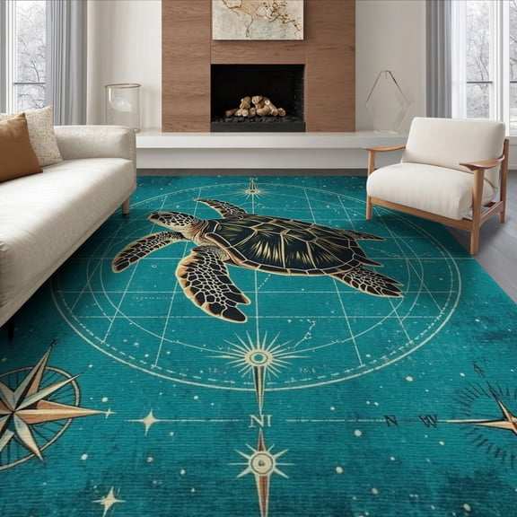 ODIKA 6'x9' Washable Area Rug Non-Slip, Chair-Friendly, Ocean Main Turtle Map Motif Compass Border Nautical Wave Coral for Dining Room, Under Table, Office Décor