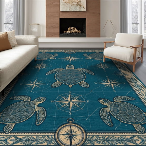 ODIKA 6'x9' Washable Area Rug Non-Slip, Chair-Friendly, Ocean Marine Main Chart Turtle Compass Decorative Border Map for Dining Room, Under Table, Office Décor