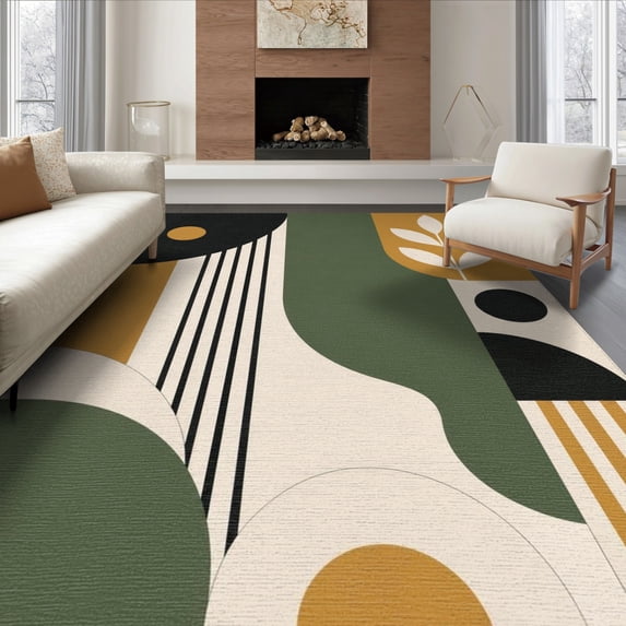 ODIKA 6'x9' Washable Area Rug Non-Slip, Chair-Friendly, Olive Mustard Geometric Abstract Bold Mid-Century Modern Art Design for Dining Room, Under Table, Office Décor