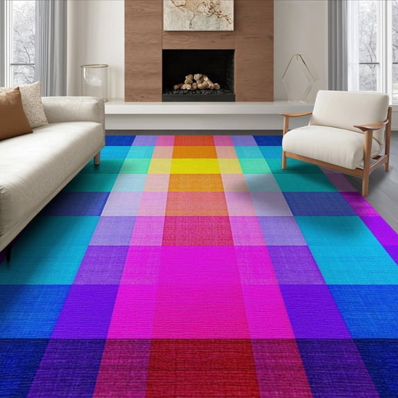 ODIKA 6'x9' Washable Area Rug Non-Slip, Chair-Friendly, Ombre Checkered Short Plaid Grid Groovy Blocks Gradient Pile for Dining Room, Under Table, Office Décor