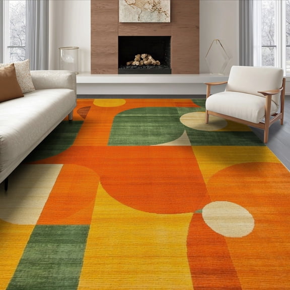 ODIKA 6'x9' Washable Area Rug Non-Slip, Chair-Friendly, Orange Abstract Expressionist Table Mid Century Modern Interlocking Shapes Design for Dining Room, Under Office Décor