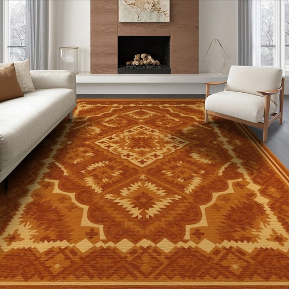 ODIKA 6'x9' Washable Area Rug Non-Slip, Chair-Friendly, Orange Boho Burnt Motif Decorative Symmetrical Bathroom Fall for Dining Room, Under Table, Office Décor