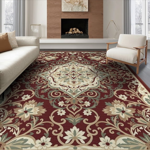 ODIKA 6'x9' Washable Area Rug Non-Slip, Chair-Friendly, Oriental Medallion With Distressed Floral Scroll Border Boho Flowing Dynamic for Dining Room, Under Table, Office Décor