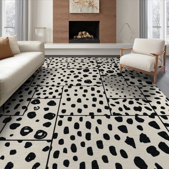 ODIKA 6'x9' Washable Area Rug Non-Slip, Chair-Friendly, Patchwork Asymmetric Marker Forms Inspired Cow Snack Spotted Playful Expressive for Dining Room, Under Table, Office Décor