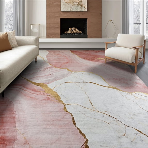ODIKA 6'x9' Washable Area Rug Non-Slip, Chair-Friendly, Pink Abstract Swirl Contemporary Brushstroke Geometric Splash for Dining Room, Under Table, Office Décor