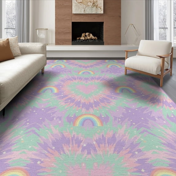 ODIKA 6'x9' Washable Area Rug Non-Slip, Chair-Friendly, Pink Dye Mermaid Galaxy Shaped Tie Kawaii Heart Motif with Rainbow Stars Design for Dining Room, Under Table, Office Décor